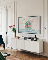 Happy Baby I by Farida Zaman. shown as a framed stretched canvas in a living room above a console. Available as a archival giclee rolled canvas, fine art paper, or poster print. SKU 49094i.