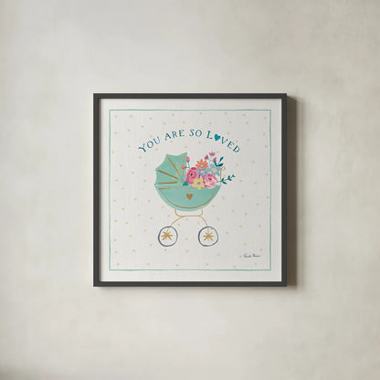 Happy Baby II by Farida Zaman. Shown in a sleek black glass frame for a contemporary gallery look. Available as an archival giclee rolled canvas, fine art paper, or poster print. SKU 49095a.