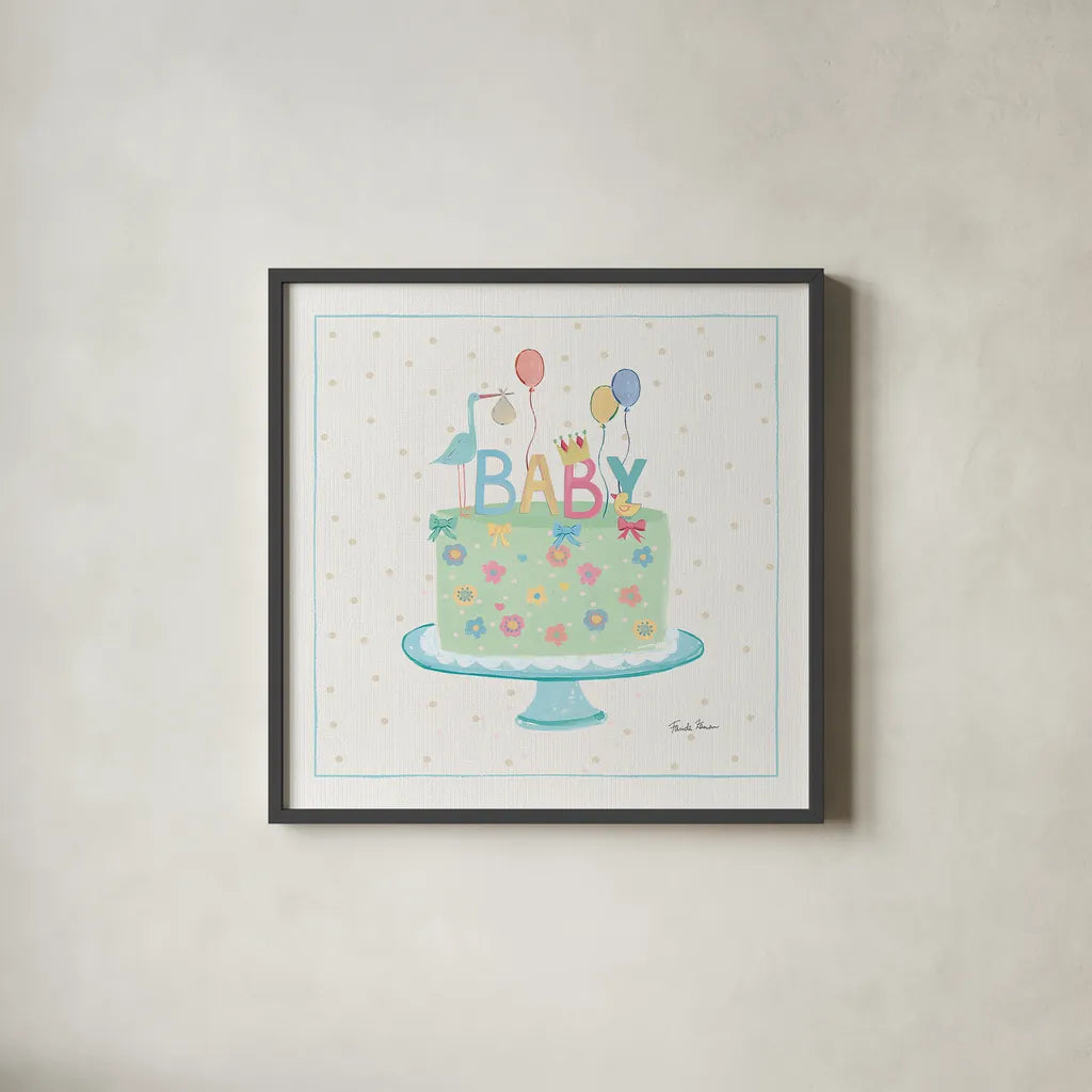 Happy Baby IV by Farida Zaman. Shown in a sleek black glass frame for a contemporary gallery look. Available as an archival giclee rolled canvas, fine art paper, or poster print. SKU 49097a.