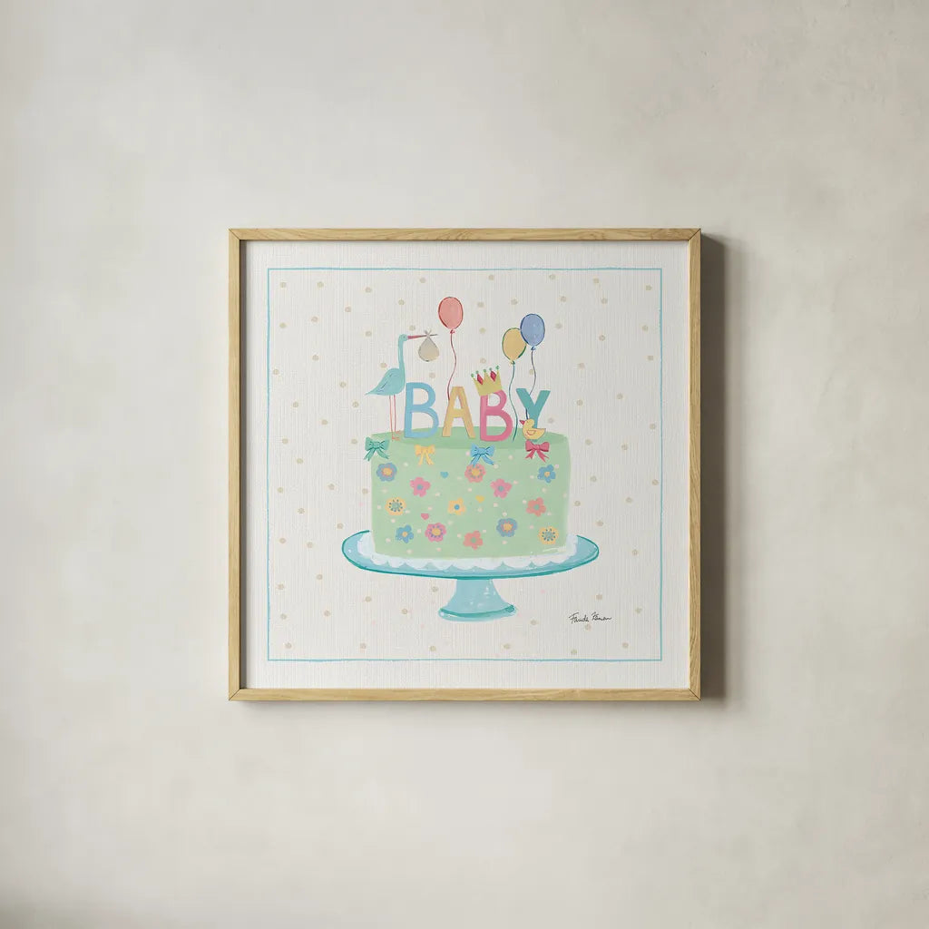 Happy Baby IV by Farida Zaman. Shown in a natural wood glass frame for a timeless modern aesthetic. Available as an archival giclee rolled canvas, fine art paper, or poster print. SKU 49097a.
