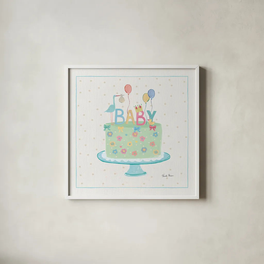 Happy Baby IV by Farida Zaman. Shown in a crisp white glass frame for a clean and minimalist style. Available as an archival giclee rolled canvas, fine art paper, or poster print. SKU 49097a.