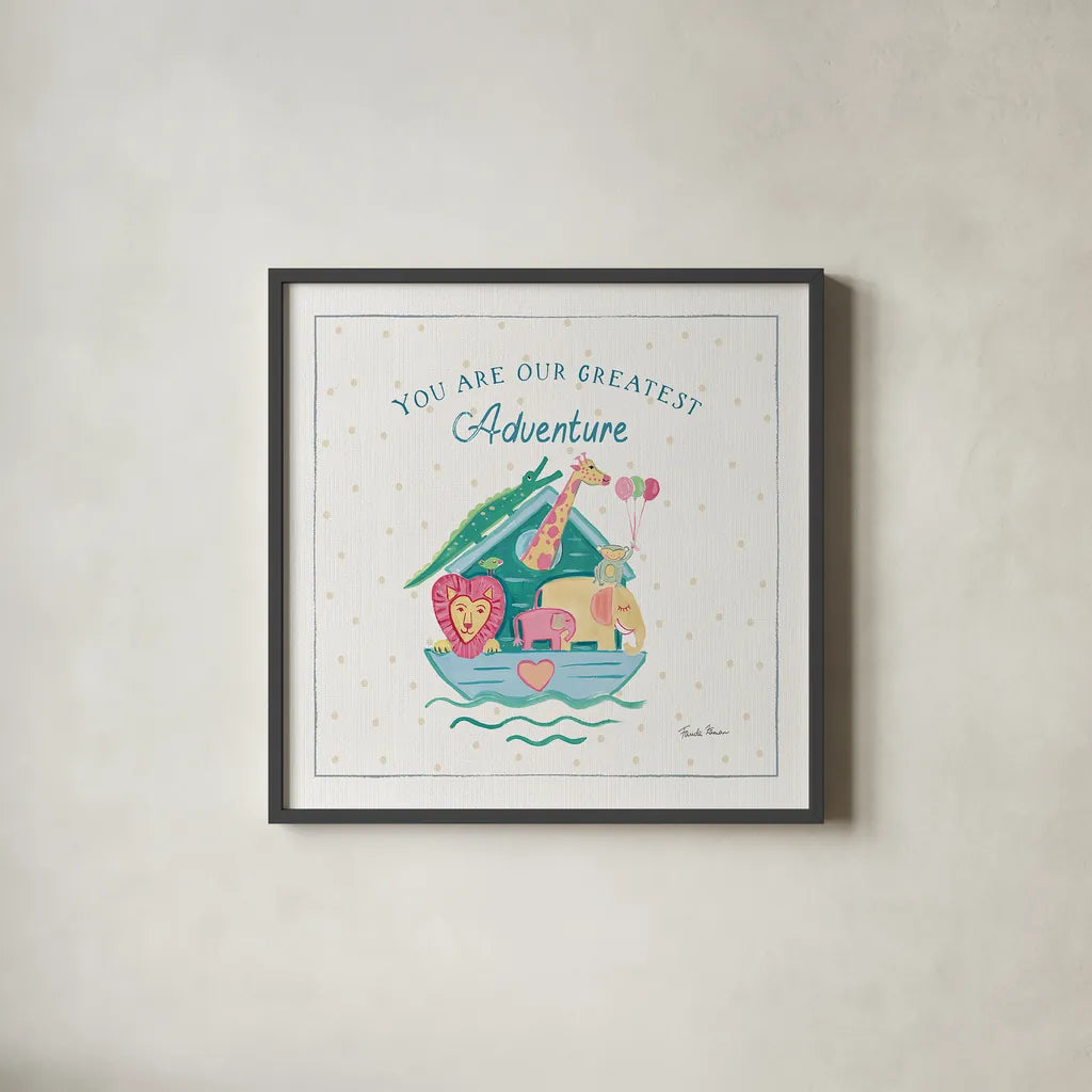 Happy Baby VI by Farida Zaman. Shown in a sleek black glass frame for a contemporary gallery look. Available as an archival giclee rolled canvas, fine art paper, or poster print. SKU 49099a.