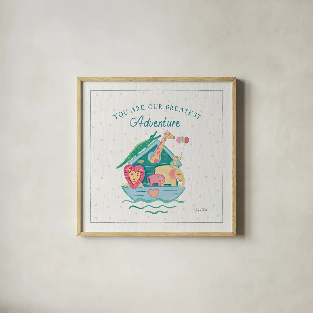 Happy Baby VI by Farida Zaman. Shown in a natural wood glass frame for a timeless modern aesthetic. Available as an archival giclee rolled canvas, fine art paper, or poster print. SKU 49099a.