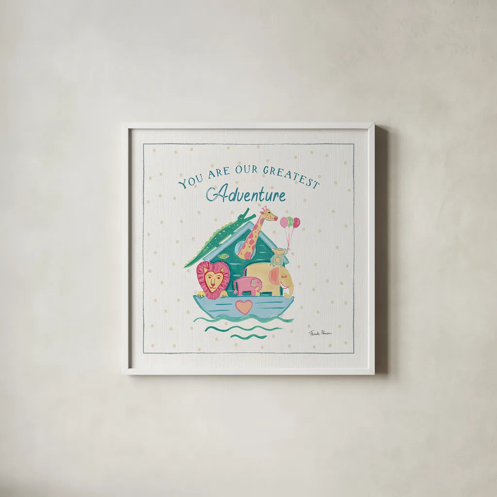 Happy Baby VI by Farida Zaman. Shown in a crisp white glass frame for a clean and minimalist style. Available as an archival giclee rolled canvas, fine art paper, or poster print. SKU 49099a.