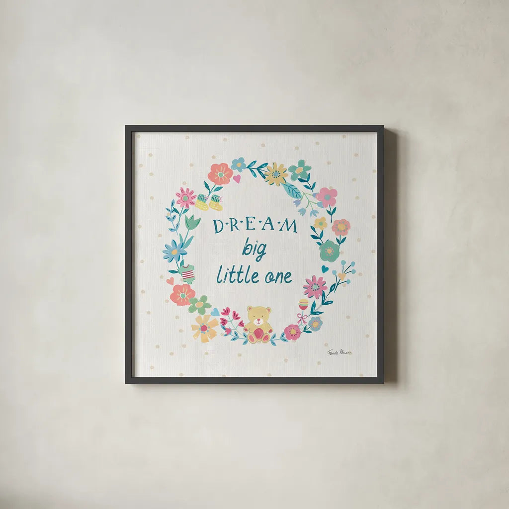 Happy Baby VII by Farida Zaman. Shown in a sleek black glass frame for a contemporary gallery look. Available as an archival giclee rolled canvas, fine art paper, or poster print. SKU 49100a.