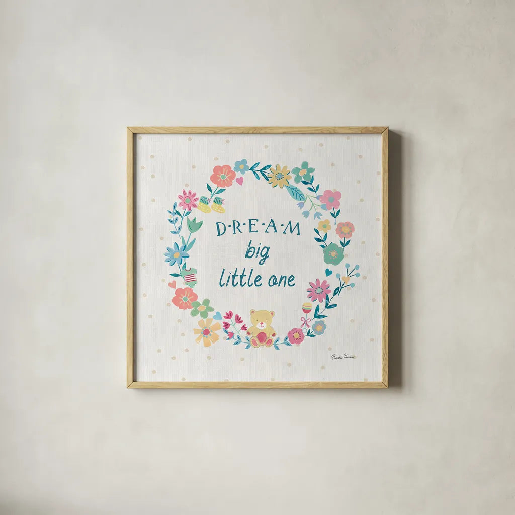 Happy Baby VII by Farida Zaman. Shown in a natural wood glass frame for a timeless modern aesthetic. Available as an archival giclee rolled canvas, fine art paper, or poster print. SKU 49100a.