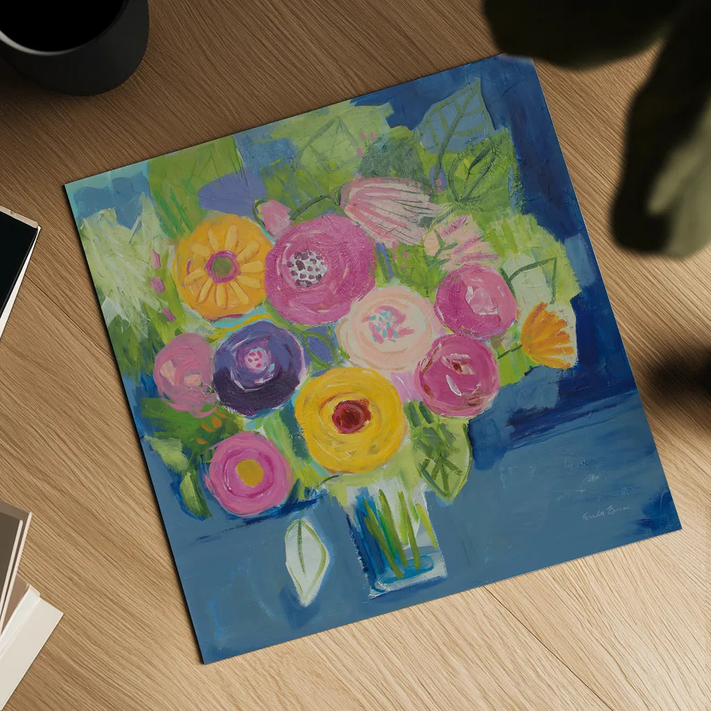 Happy Bouquet by Farida Zaman. Shown as a detailed flat fine art print, highlighting archival giclee quality. Available as an archival giclee rolled canvas, fine art paper, or poster print. SKU 46815a.