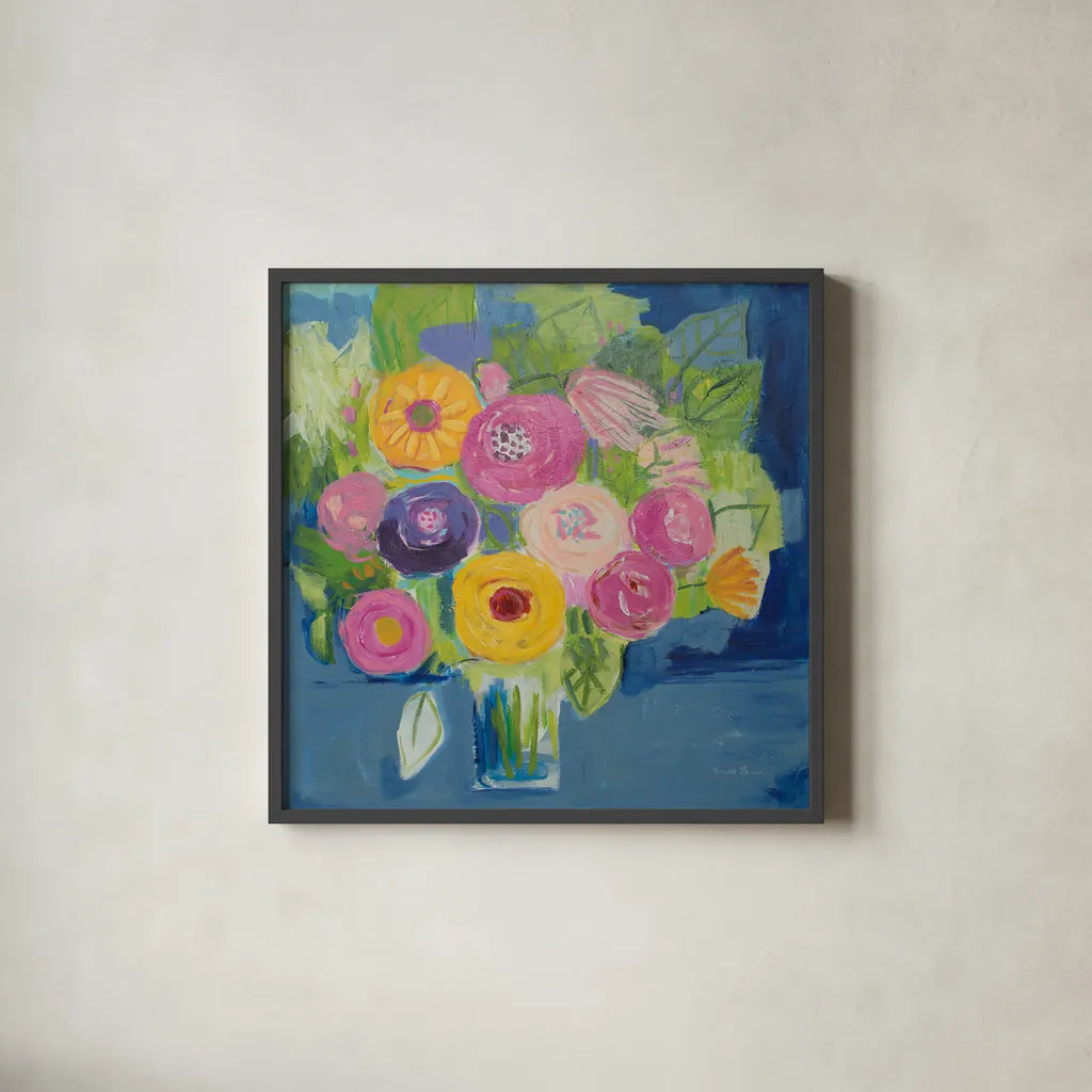 Happy Bouquet by Farida Zaman. Shown in a sleek black glass frame for a contemporary gallery look. Available as an archival giclee rolled canvas, fine art paper, or poster print. SKU 46815a.