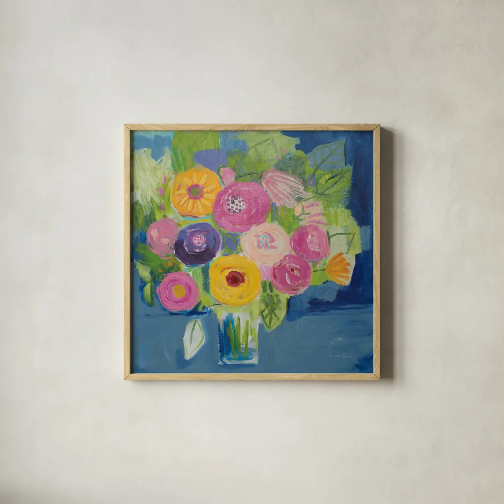 Happy Bouquet by Farida Zaman. Shown in a natural wood glass frame for a timeless modern aesthetic. Available as an archival giclee rolled canvas, fine art paper, or poster print. SKU 46815a.