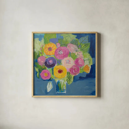 Happy Bouquet by Farida Zaman. Shown in a natural wood glass frame for a timeless modern aesthetic. Available as an archival giclee rolled canvas, fine art paper, or poster print. SKU 46815a.