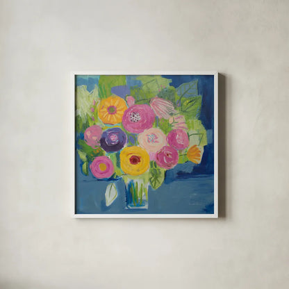 Happy Bouquet by Farida Zaman. Shown in a crisp white glass frame for a clean and minimalist style. Available as an archival giclee rolled canvas, fine art paper, or poster print. SKU 46815a.