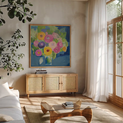 Happy Bouquet by Farida Zaman. Shown in a natural wood frame in a cozy modern living room. Available as an archival giclee rolled canvas, fine art paper, or poster print. SKU 46815a.