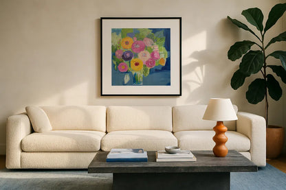 Happy Bouquet by Farida Zaman. Displayed in a glass frame with matte in a clean modern living room. Available as an archival giclee rolled canvas, fine art paper, or poster print. SKU 46815a.