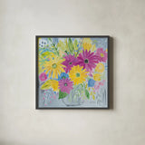 Happy Flowers by Farida Zaman. Shown in a sleek black glass frame for a contemporary gallery look. Available as an archival giclee rolled canvas, fine art paper, or poster print. SKU 60947a.