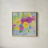 Happy Flowers by Farida Zaman. Shown in a natural wood glass frame for a timeless modern aesthetic. Available as an archival giclee rolled canvas, fine art paper, or poster print. SKU 60947a.