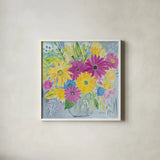 Happy Flowers by Farida Zaman. Shown in a crisp white glass frame for a clean and minimalist style. Available as an archival giclee rolled canvas, fine art paper, or poster print. SKU 60947a.