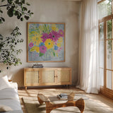 Happy Flowers by Farida Zaman. Shown in a natural wood frame in a cozy modern living room. Available as an archival giclee rolled canvas, fine art paper, or poster print. SKU 60947a.