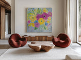 Happy Flowers by Farida Zaman. Shown as extra-large giant wall art in a modern living room. Available as an archival giclee rolled canvas, fine art paper, or poster print. SKU 60947a.