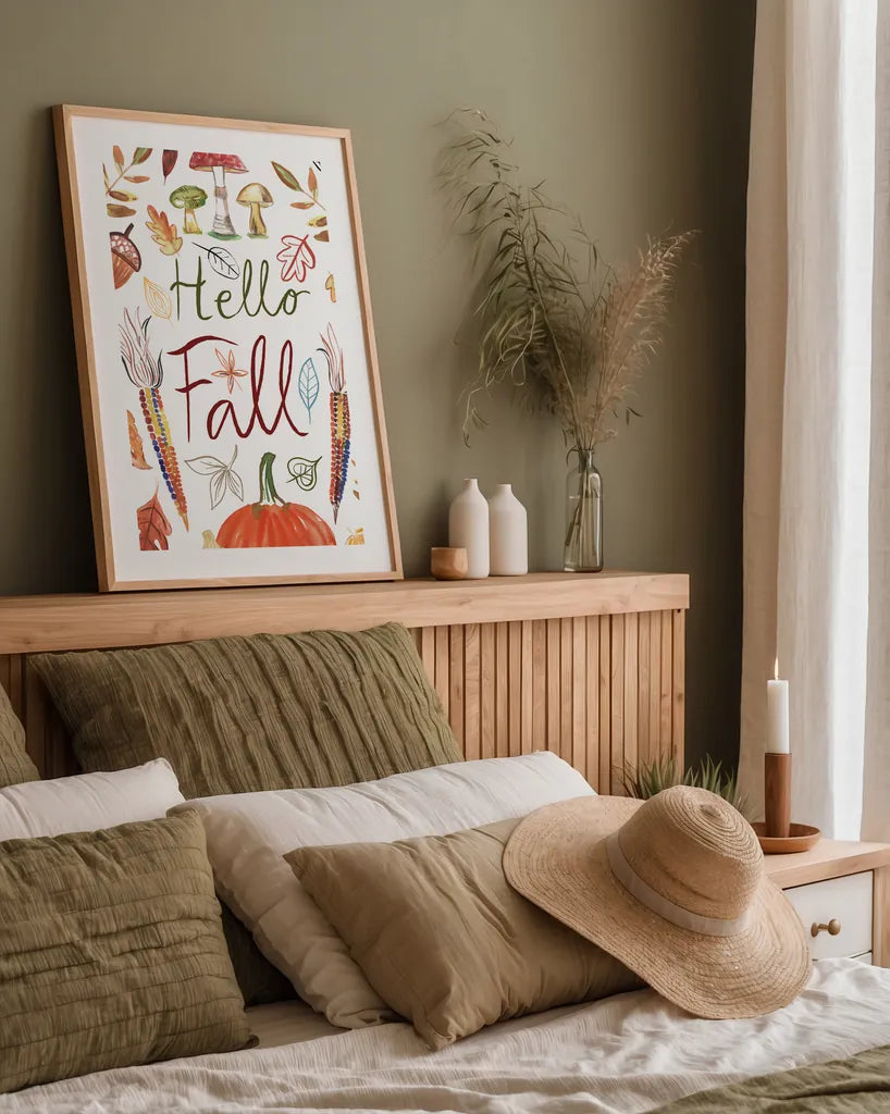 Hello Fall I by Farida Zaman. shown as a paper print in a natural frame. Available as a archival giclee rolled canvas, fine art paper, or poster print. SKU 36962h.
