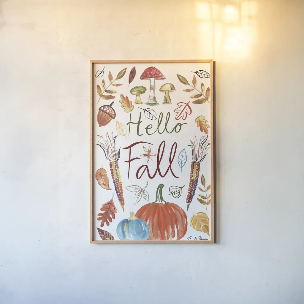 Hello Fall I by Farida Zaman. shown as a paper print in a natural frame. Available as a archival giclee rolled canvas, fine art paper, or poster print. SKU 36962h.