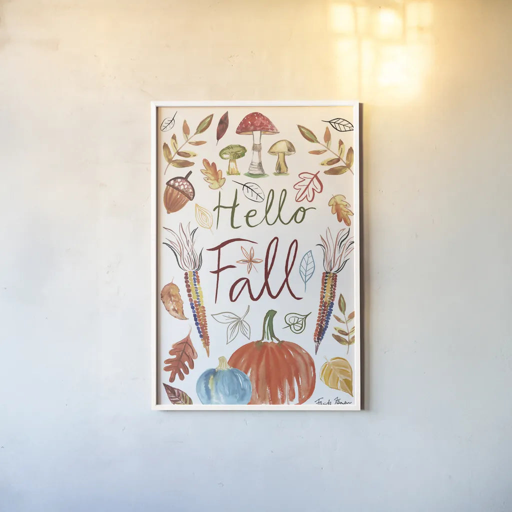 Hello Fall I by Farida Zaman. shown as a paper print in a white frame. Available as a archival giclee rolled canvas, fine art paper, or poster print. SKU 36962h.