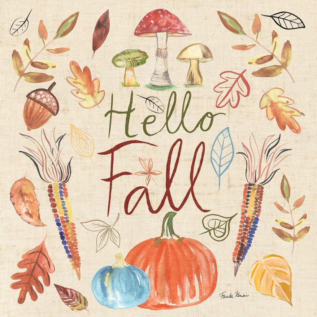 Hello Fall I Sq Burlap by Farida Zaman. SKU 47596a. Archival Giclee Fine art print for wall decor.