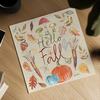 Hello Fall I Sq Burlap by Farida Zaman. Shown as a detailed flat fine art print, highlighting archival giclee quality. Available as an archival giclee rolled canvas, fine art paper, or poster print. SKU 47596a.