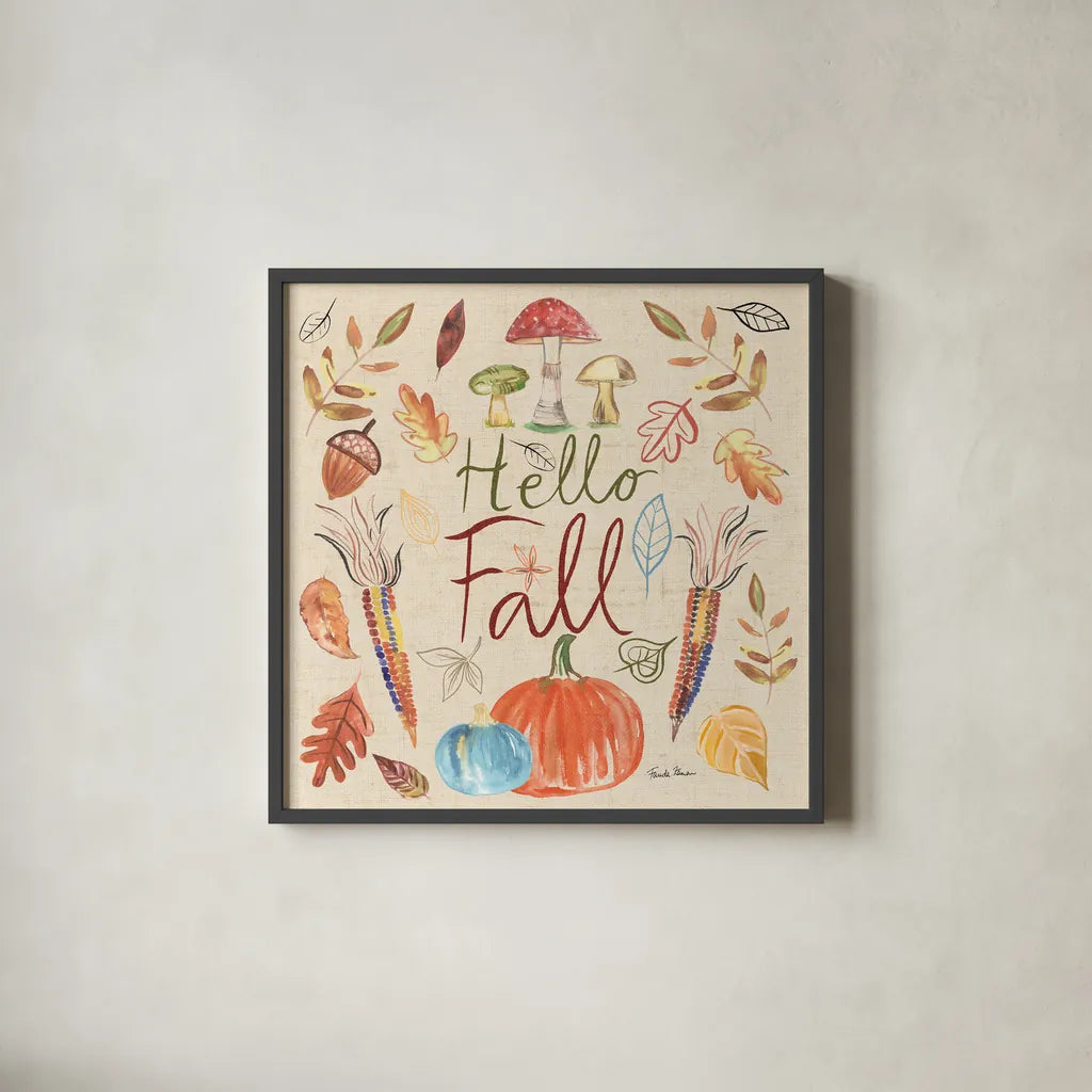 Hello Fall I Sq Burlap by Farida Zaman. Shown in a sleek black glass frame for a contemporary gallery look. Available as an archival giclee rolled canvas, fine art paper, or poster print. SKU 47596a.
