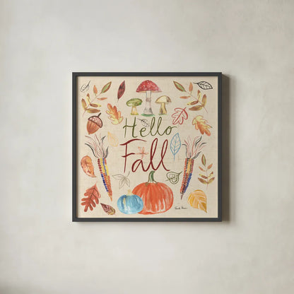 Hello Fall I Sq Burlap by Farida Zaman. Shown in a sleek black glass frame for a contemporary gallery look. Available as an archival giclee rolled canvas, fine art paper, or poster print. SKU 47596a.