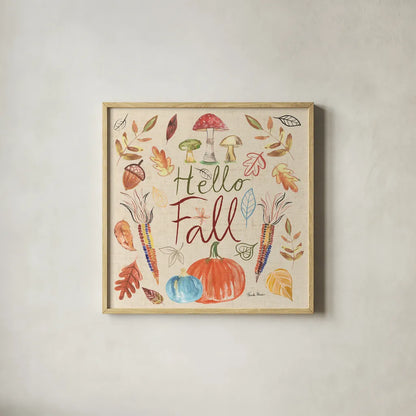 Hello Fall I Sq Burlap by Farida Zaman. Shown in a natural wood glass frame for a timeless modern aesthetic. Available as an archival giclee rolled canvas, fine art paper, or poster print. SKU 47596a.