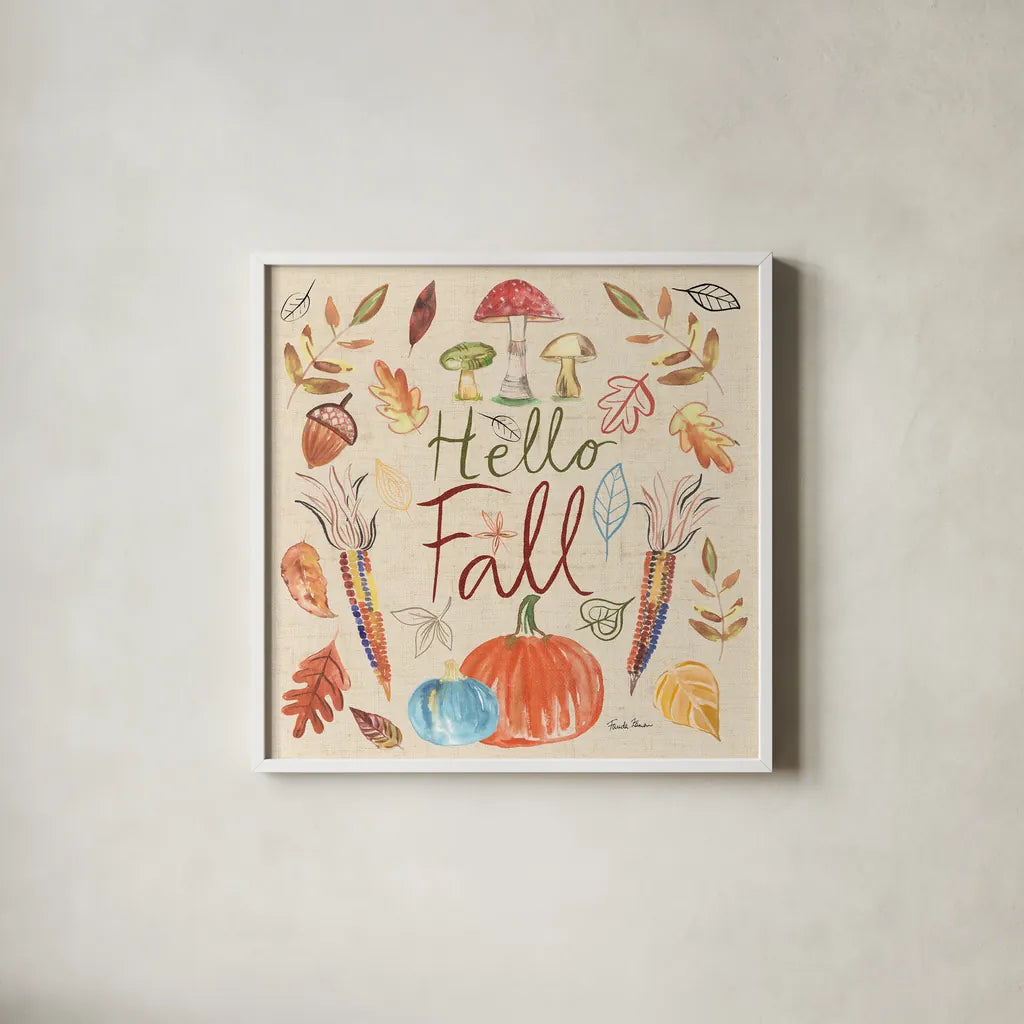 Hello Fall I Sq Burlap by Farida Zaman. Shown in a crisp white glass frame for a clean and minimalist style. Available as an archival giclee rolled canvas, fine art paper, or poster print. SKU 47596a.