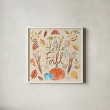 Hello Fall I Sq Burlap by Farida Zaman. Shown in a crisp white glass frame for a clean and minimalist style. Available as an archival giclee rolled canvas, fine art paper, or poster print. SKU 47596a.