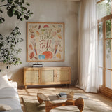 Hello Fall I Sq Burlap by Farida Zaman. Shown in a natural wood frame in a cozy modern living room. Available as an archival giclee rolled canvas, fine art paper, or poster print. SKU 47596a.
