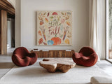 Hello Fall I Sq Burlap by Farida Zaman. Shown as extra-large giant wall art in a modern living room. Available as an archival giclee rolled canvas, fine art paper, or poster print. SKU 47596a.