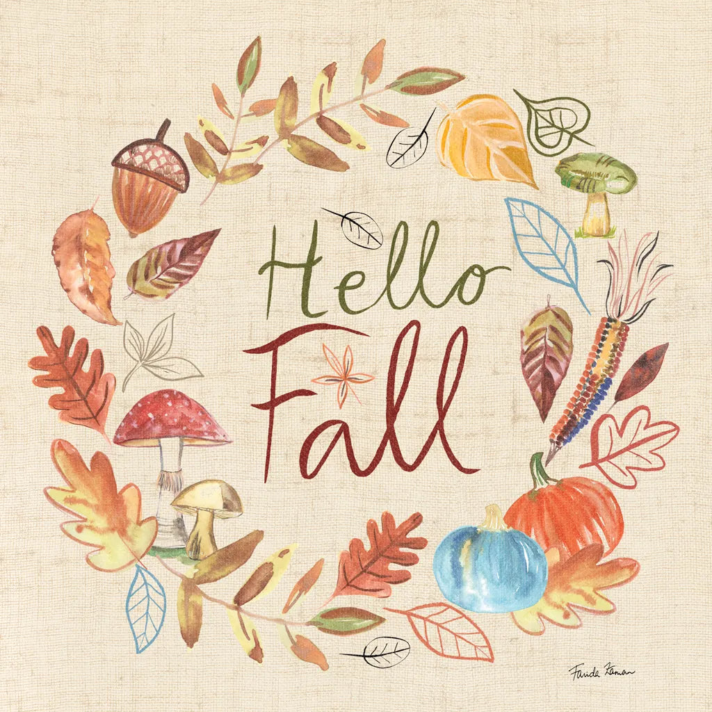 Hello Fall I Sq Burlap by Farida Zaman. SKU 82071a. Archival Giclee Fine art print for wall decor.