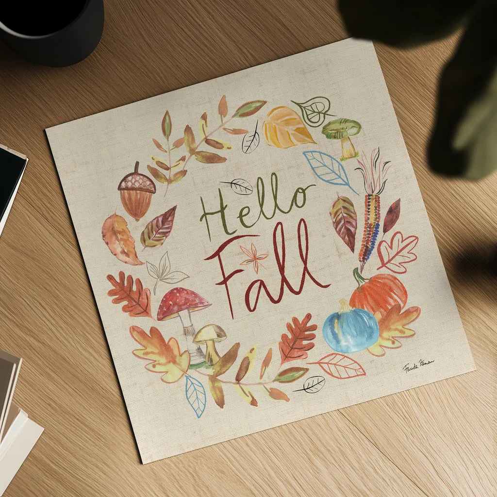 Hello Fall I Sq Burlap by Farida Zaman. Shown as a detailed flat fine art print, highlighting archival giclee quality. Available as an archival giclee rolled canvas, fine art paper, or poster print. SKU 82071a.