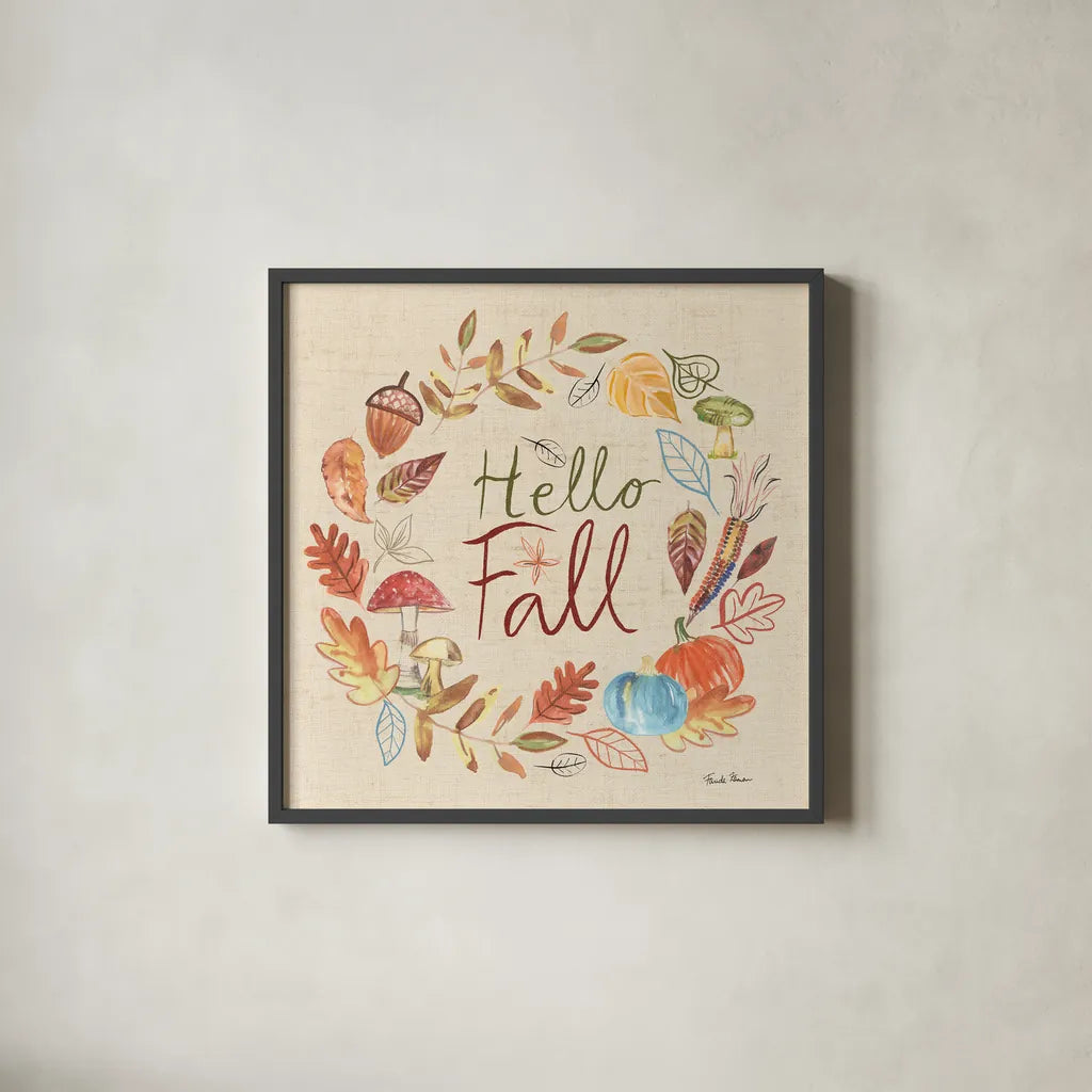 Hello Fall I Sq Burlap by Farida Zaman. Shown in a sleek black glass frame for a contemporary gallery look. Available as an archival giclee rolled canvas, fine art paper, or poster print. SKU 82071a.
