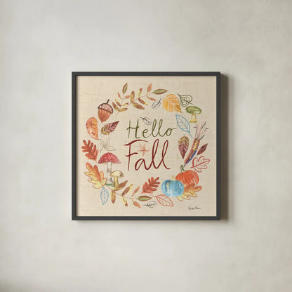 Hello Fall I Sq Burlap by Farida Zaman. Shown in a sleek black glass frame for a contemporary gallery look. Available as an archival giclee rolled canvas, fine art paper, or poster print. SKU 82071a.