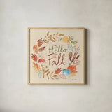Hello Fall I Sq Burlap by Farida Zaman. Shown in a natural wood glass frame for a timeless modern aesthetic. Available as an archival giclee rolled canvas, fine art paper, or poster print. SKU 82071a.