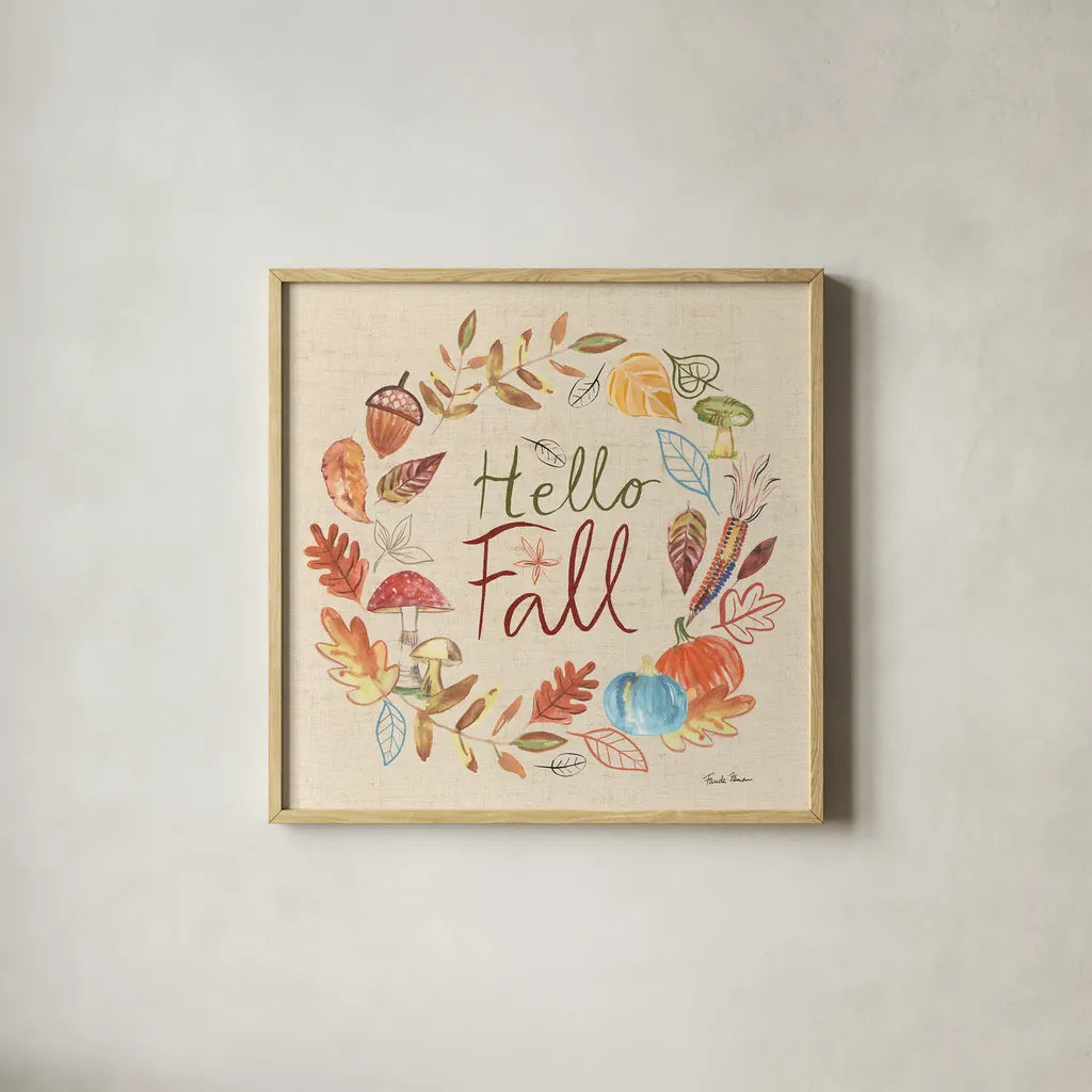 Hello Fall I Sq Burlap by Farida Zaman. Shown in a natural wood glass frame for a timeless modern aesthetic. Available as an archival giclee rolled canvas, fine art paper, or poster print. SKU 82071a.