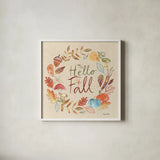 Hello Fall I Sq Burlap by Farida Zaman. Shown in a crisp white glass frame for a clean and minimalist style. Available as an archival giclee rolled canvas, fine art paper, or poster print. SKU 82071a.