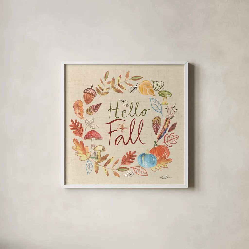 Hello Fall I Sq Burlap by Farida Zaman. Shown in a crisp white glass frame for a clean and minimalist style. Available as an archival giclee rolled canvas, fine art paper, or poster print. SKU 82071a.