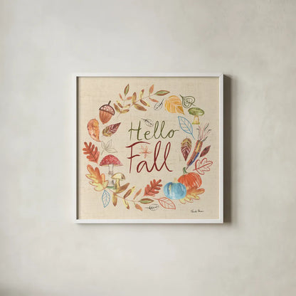 Hello Fall I Sq Burlap by Farida Zaman. Shown in a crisp white glass frame for a clean and minimalist style. Available as an archival giclee rolled canvas, fine art paper, or poster print. SKU 82071a.