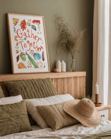 Hello Fall II by Farida Zaman. shown as a paper print in a natural frame. Available as a archival giclee rolled canvas, fine art paper, or poster print. SKU 36963h.
