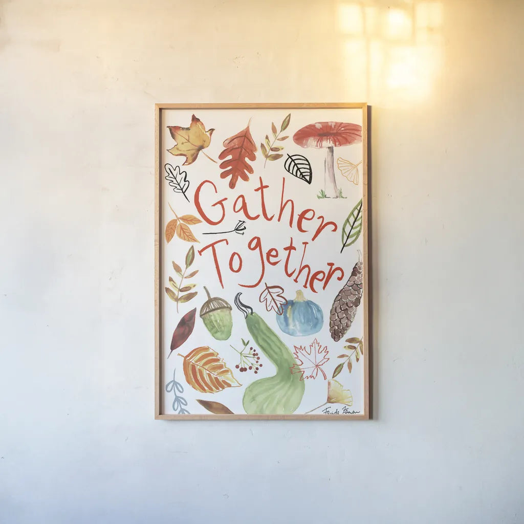 Hello Fall II by Farida Zaman. shown as a paper print in a natural frame. Available as a archival giclee rolled canvas, fine art paper, or poster print. SKU 36963h.