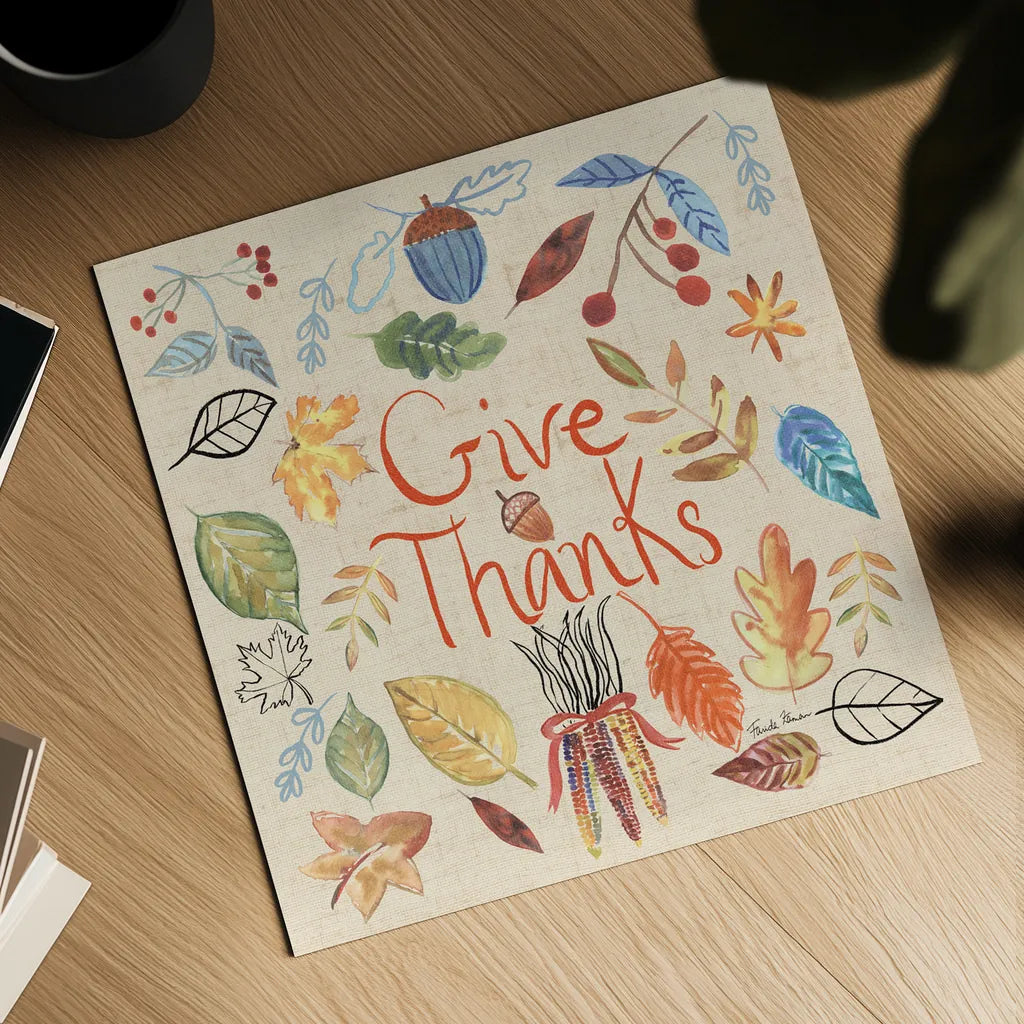 Hello Fall IV Sq Burlap by Farida Zaman. Shown as a detailed flat fine art print, highlighting archival giclee quality. Available as an archival giclee rolled canvas, fine art paper, or poster print. SKU 47597a.