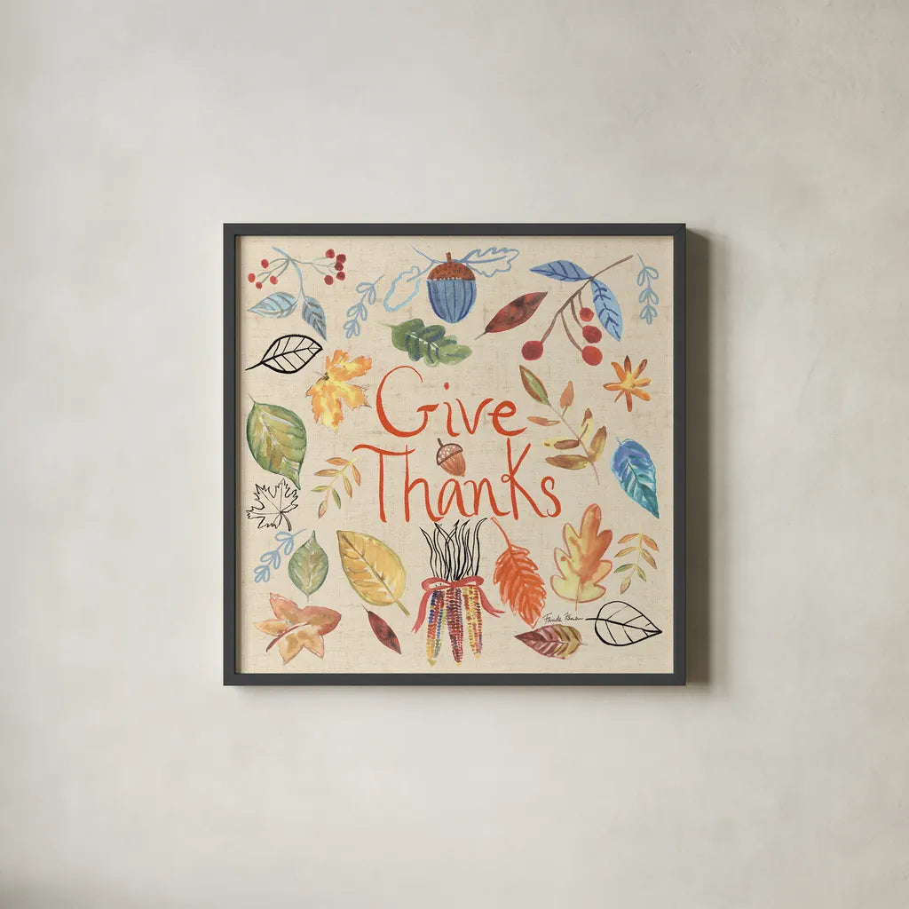 Hello Fall IV Sq Burlap by Farida Zaman. Shown in a sleek black glass frame for a contemporary gallery look. Available as an archival giclee rolled canvas, fine art paper, or poster print. SKU 47597a.