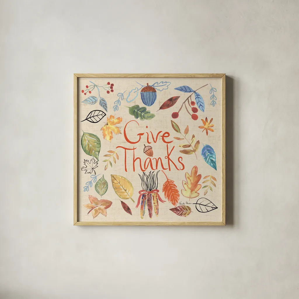 Hello Fall IV Sq Burlap by Farida Zaman. Shown in a natural wood glass frame for a timeless modern aesthetic. Available as an archival giclee rolled canvas, fine art paper, or poster print. SKU 47597a.