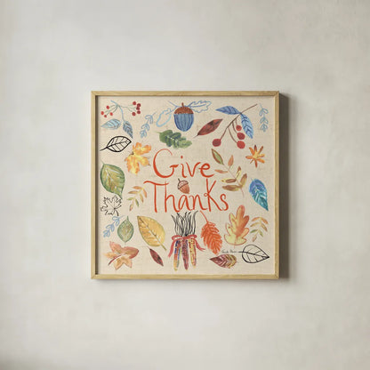 Hello Fall IV Sq Burlap by Farida Zaman. Shown in a natural wood glass frame for a timeless modern aesthetic. Available as an archival giclee rolled canvas, fine art paper, or poster print. SKU 47597a.