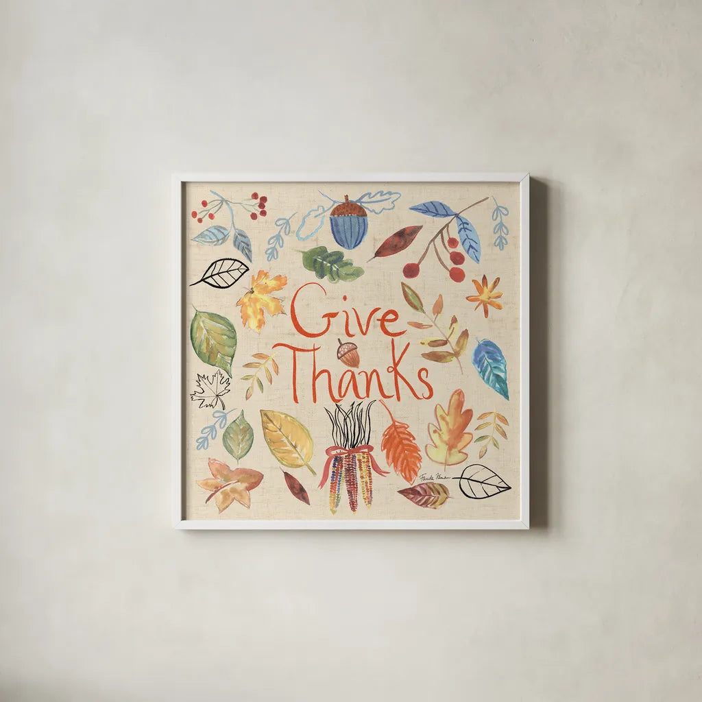 Hello Fall IV Sq Burlap by Farida Zaman. Shown in a crisp white glass frame for a clean and minimalist style. Available as an archival giclee rolled canvas, fine art paper, or poster print. SKU 47597a.